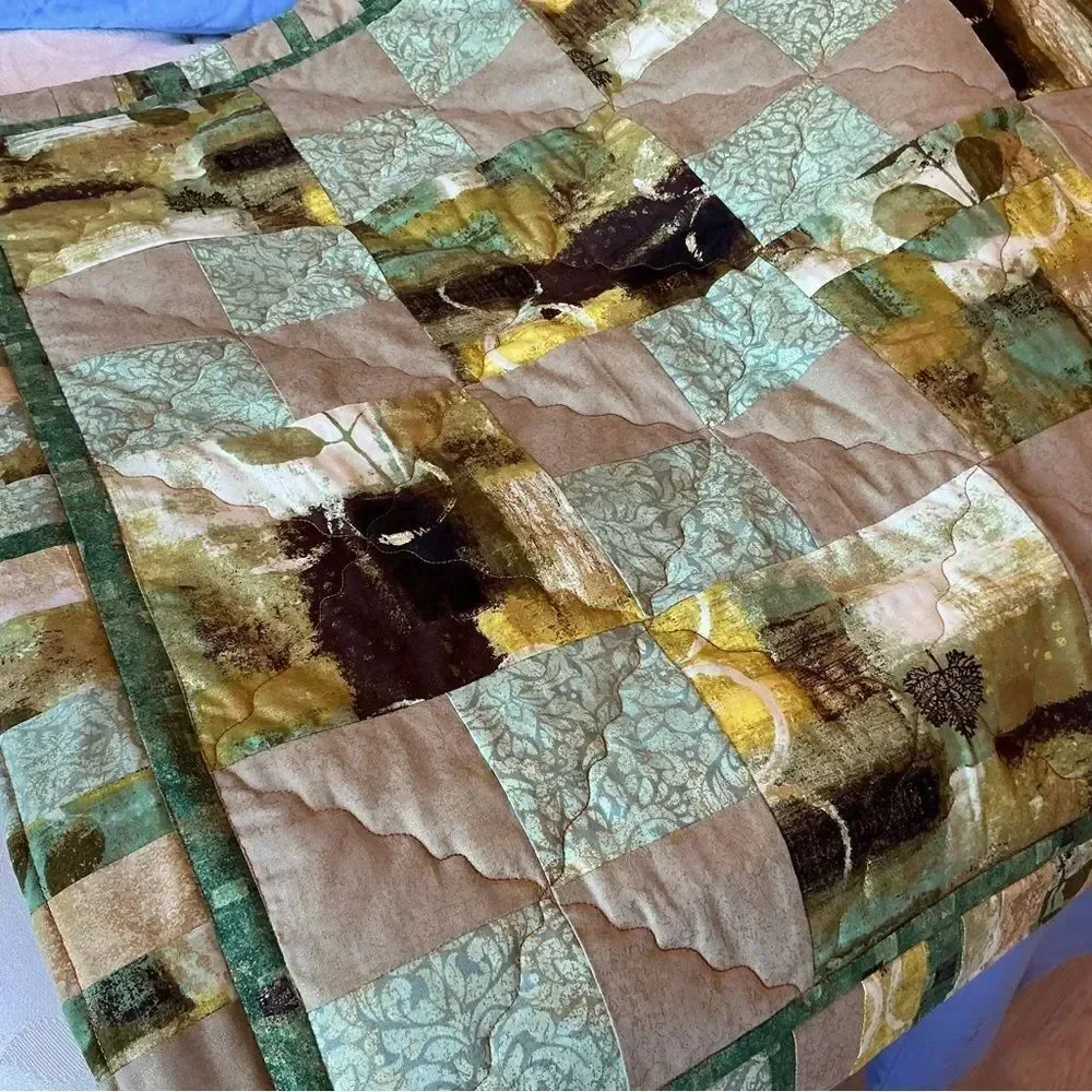 NWT Hand Crafted Greens and Golds Nature Prints Lap Quilt
